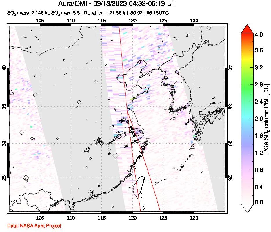 A sulfur dioxide image over Eastern China on Sep 13, 2023.