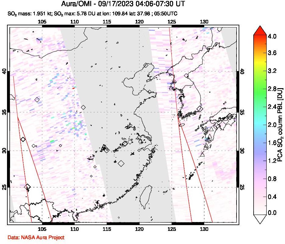 A sulfur dioxide image over Eastern China on Sep 17, 2023.