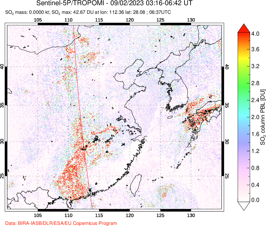 A sulfur dioxide image over Eastern China on Sep 02, 2023.