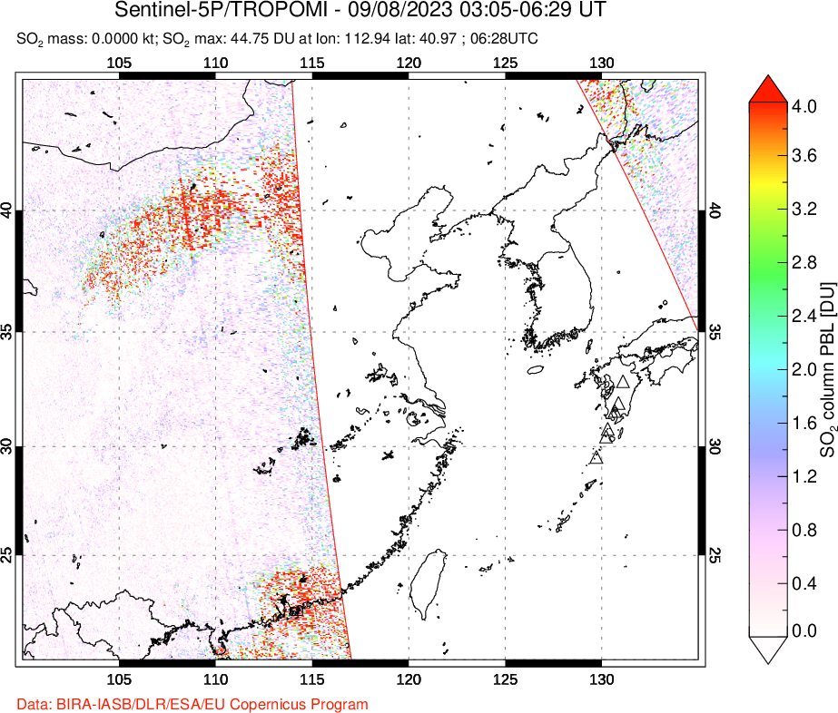 A sulfur dioxide image over Eastern China on Sep 08, 2023.