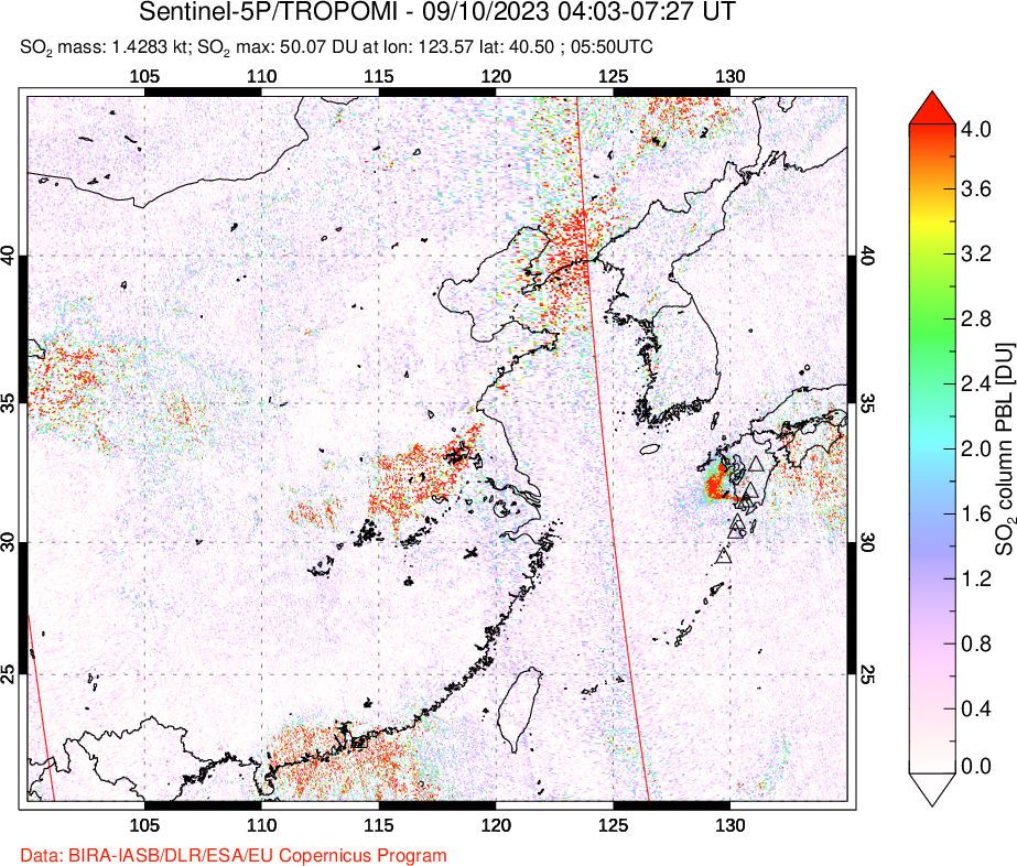 A sulfur dioxide image over Eastern China on Sep 10, 2023.
