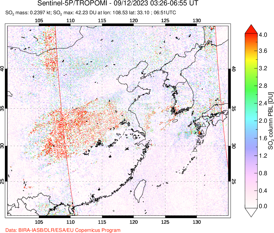 A sulfur dioxide image over Eastern China on Sep 12, 2023.