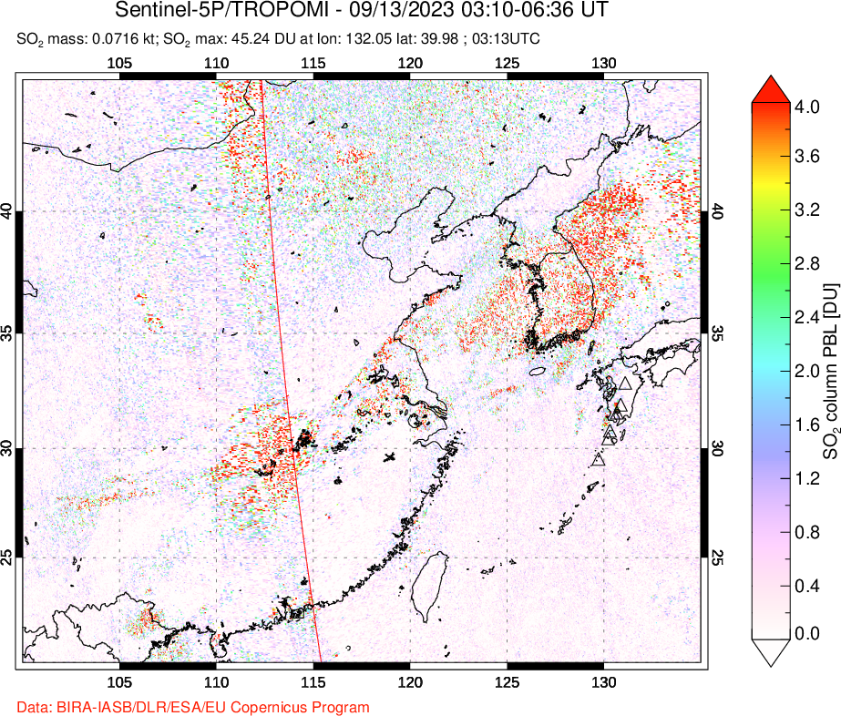 A sulfur dioxide image over Eastern China on Sep 13, 2023.