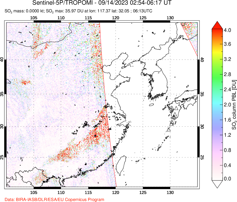 A sulfur dioxide image over Eastern China on Sep 14, 2023.