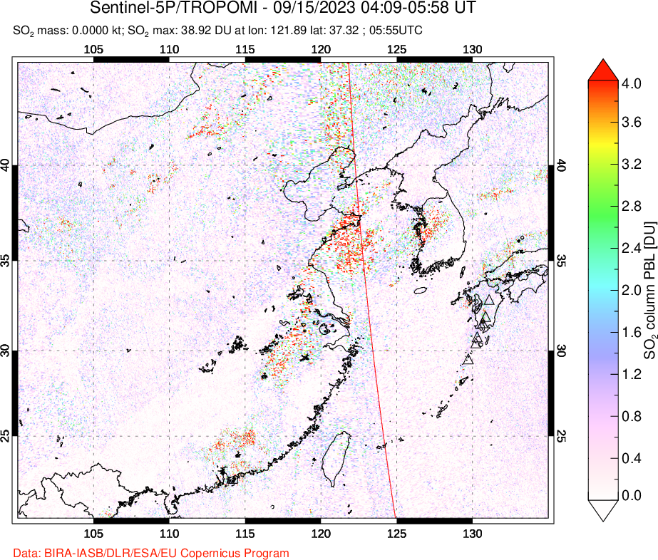 A sulfur dioxide image over Eastern China on Sep 15, 2023.