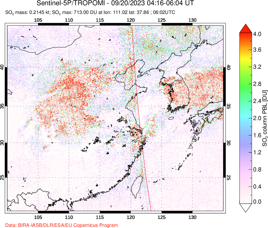 A sulfur dioxide image over Eastern China on Sep 20, 2023.