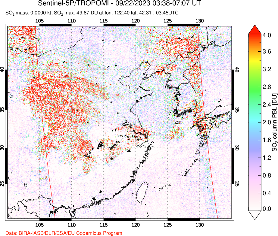 A sulfur dioxide image over Eastern China on Sep 22, 2023.