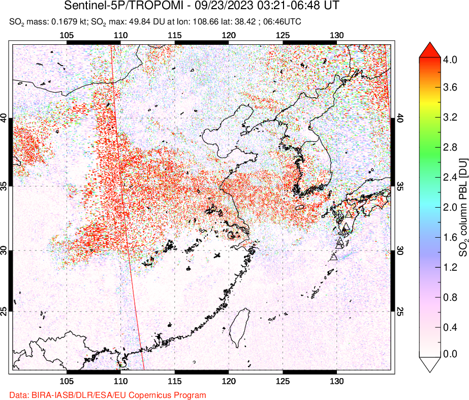 A sulfur dioxide image over Eastern China on Sep 23, 2023.