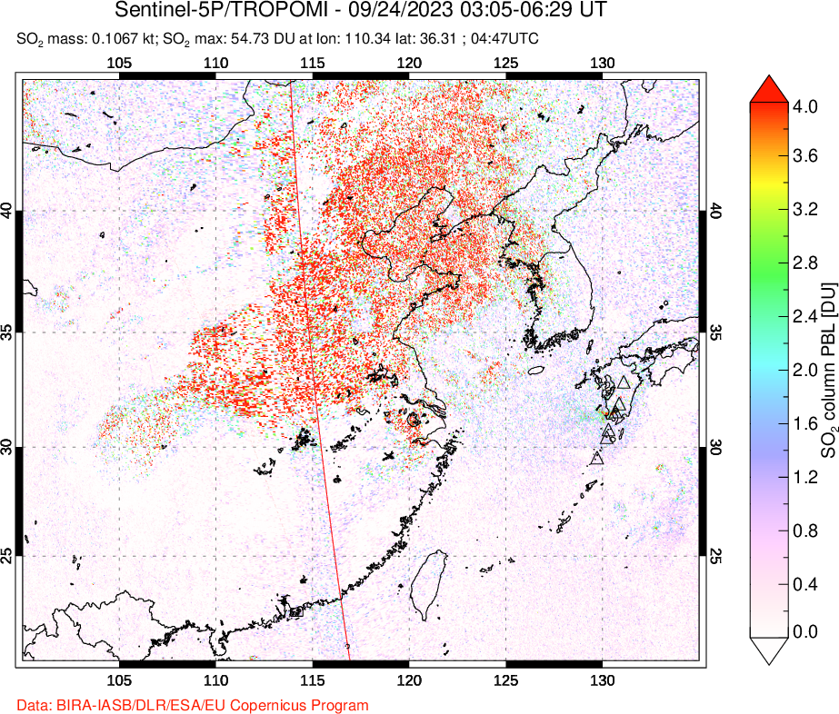 A sulfur dioxide image over Eastern China on Sep 24, 2023.