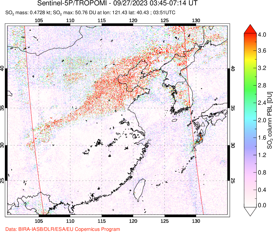 A sulfur dioxide image over Eastern China on Sep 27, 2023.