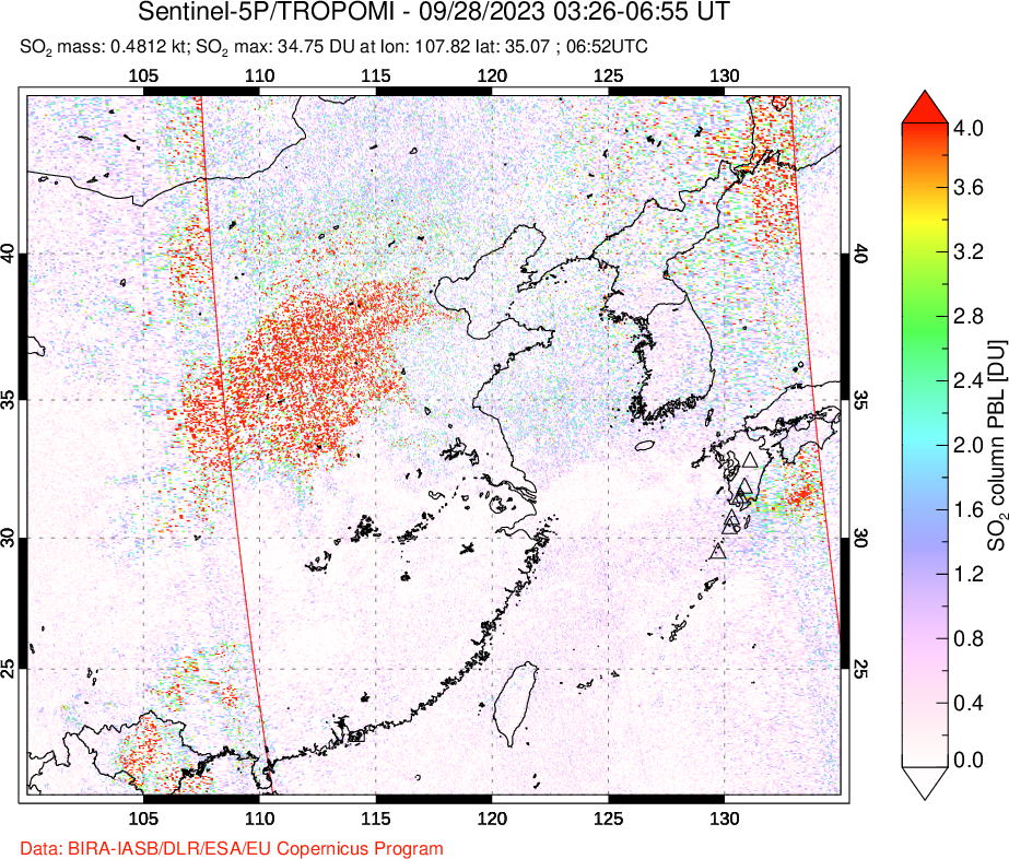 A sulfur dioxide image over Eastern China on Sep 28, 2023.
