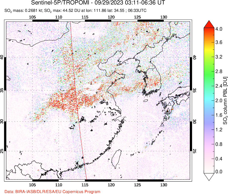 A sulfur dioxide image over Eastern China on Sep 29, 2023.