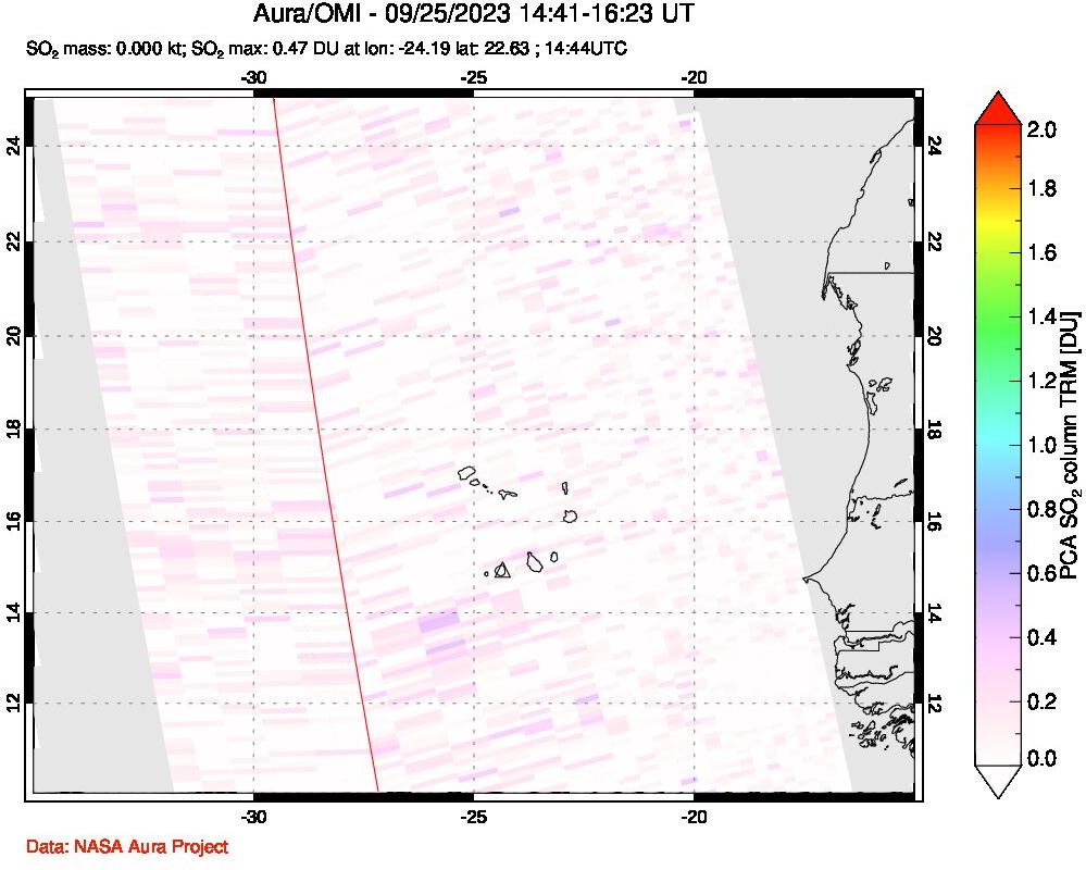 A sulfur dioxide image over Cape Verde Islands on Sep 25, 2023.