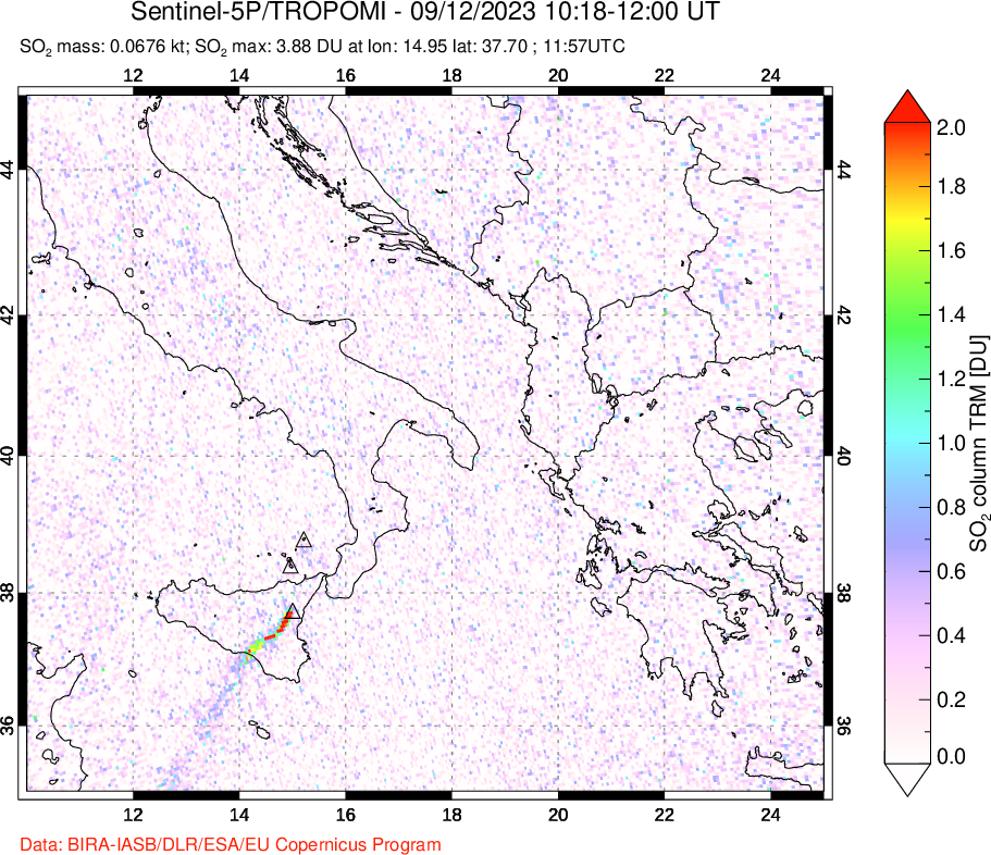 A sulfur dioxide image over Etna, Sicily, Italy on Sep 12, 2023.