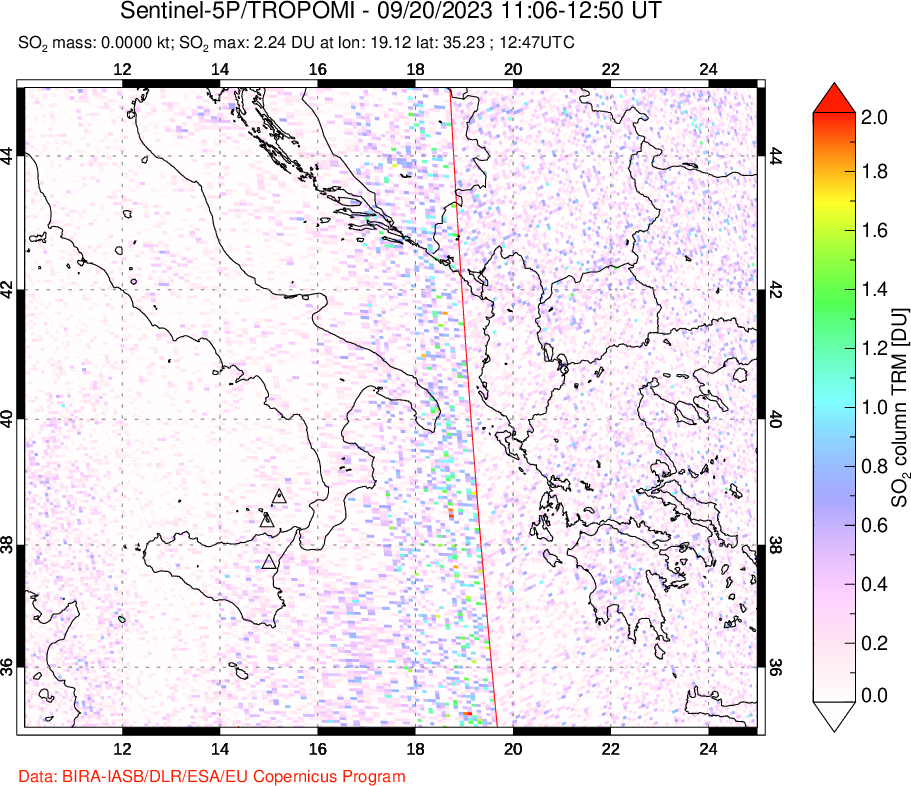 A sulfur dioxide image over Etna, Sicily, Italy on Sep 20, 2023.