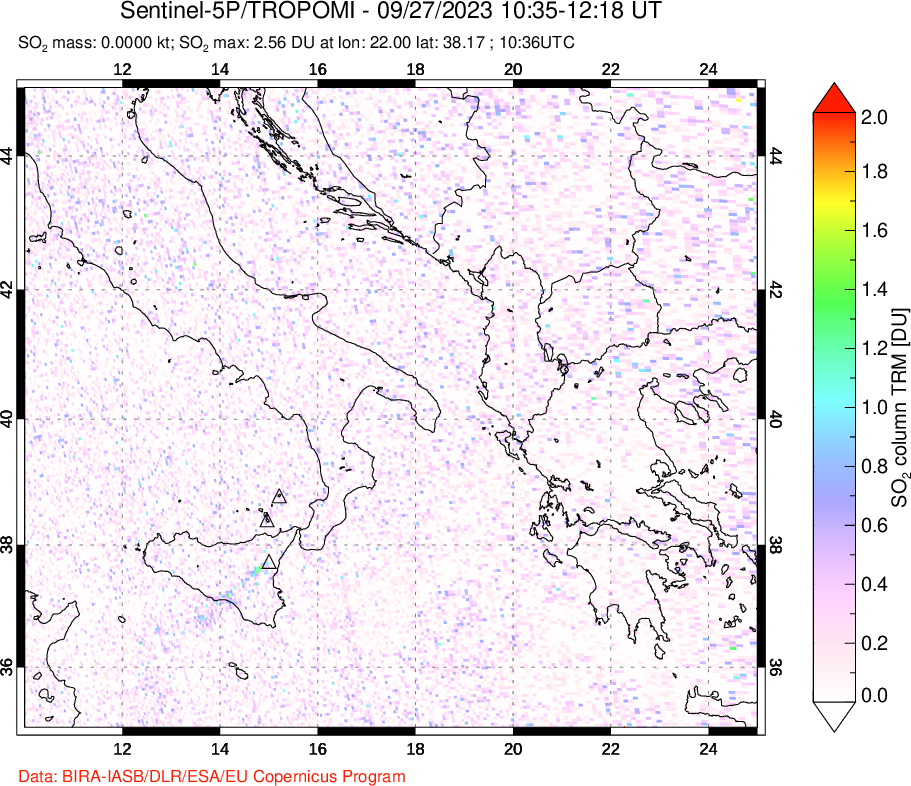 A sulfur dioxide image over Etna, Sicily, Italy on Sep 27, 2023.