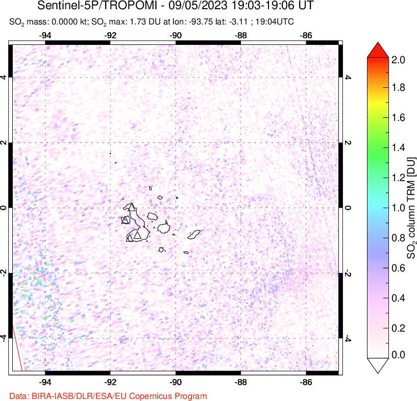 A sulfur dioxide image over Galápagos Islands on Sep 05, 2023.