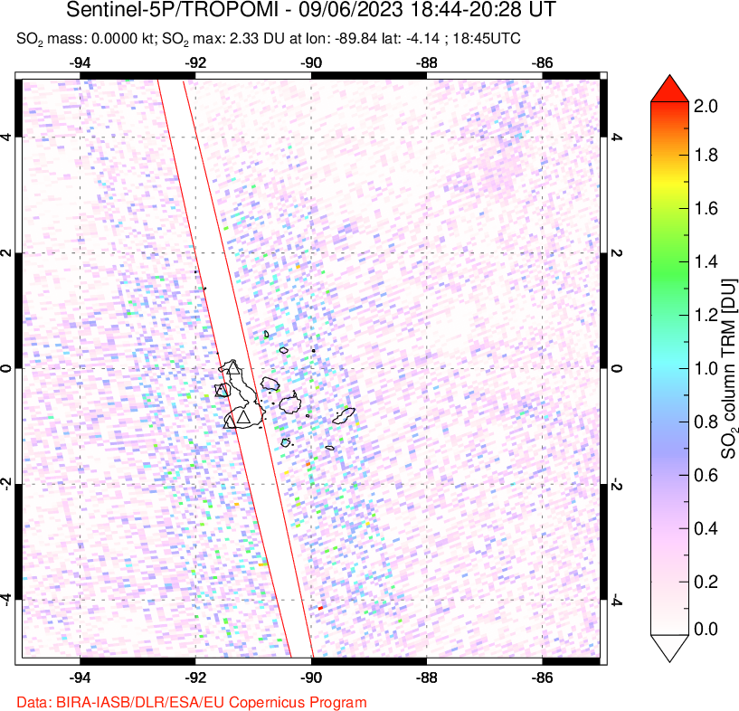 A sulfur dioxide image over Galápagos Islands on Sep 06, 2023.