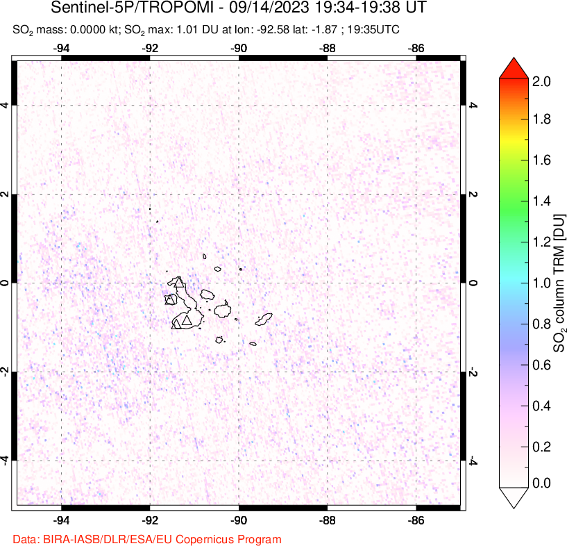 A sulfur dioxide image over Galápagos Islands on Sep 14, 2023.