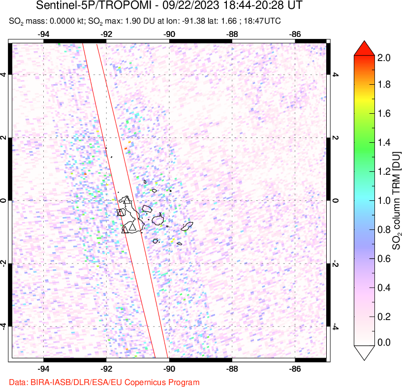 A sulfur dioxide image over Galápagos Islands on Sep 22, 2023.