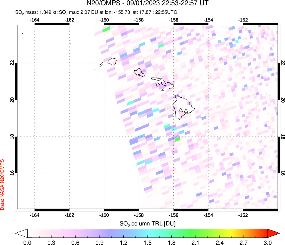 A sulfur dioxide image over Hawaii, USA on Sep 01, 2023.