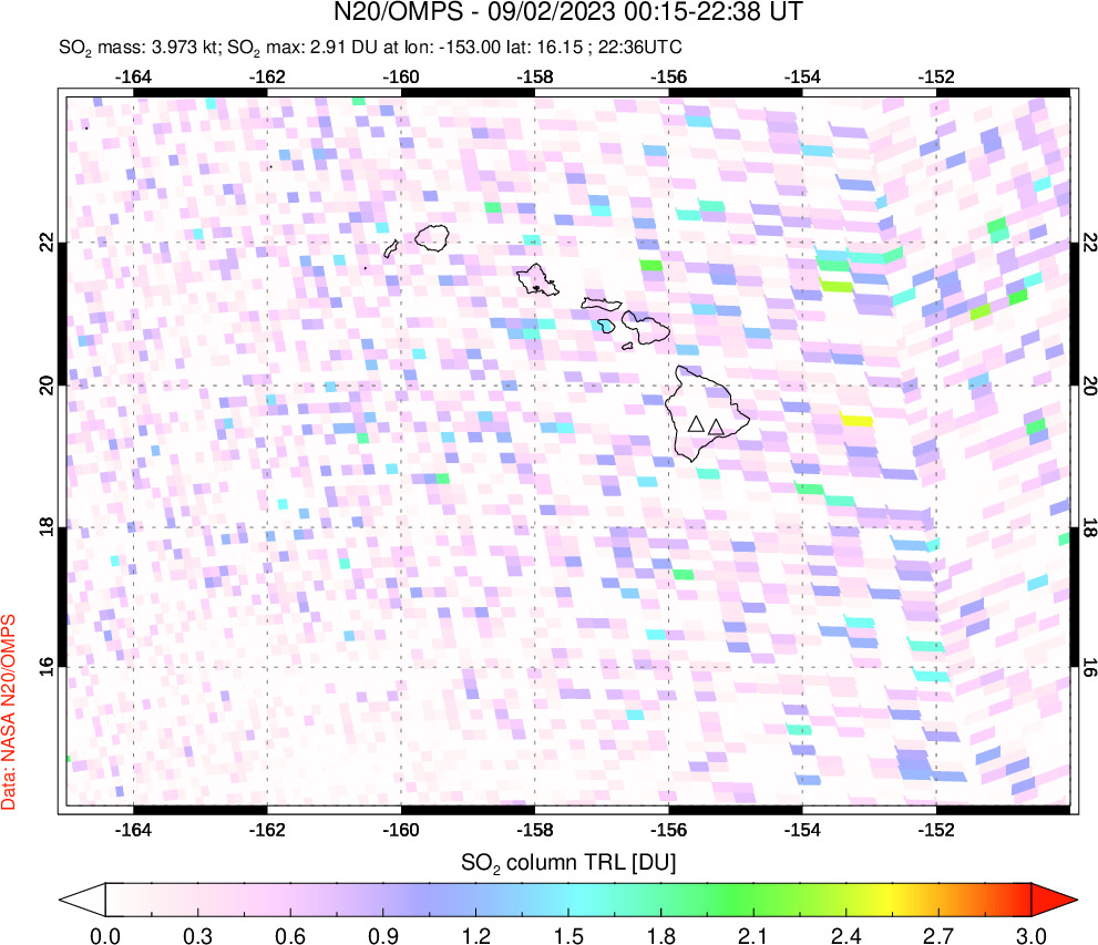 A sulfur dioxide image over Hawaii, USA on Sep 02, 2023.