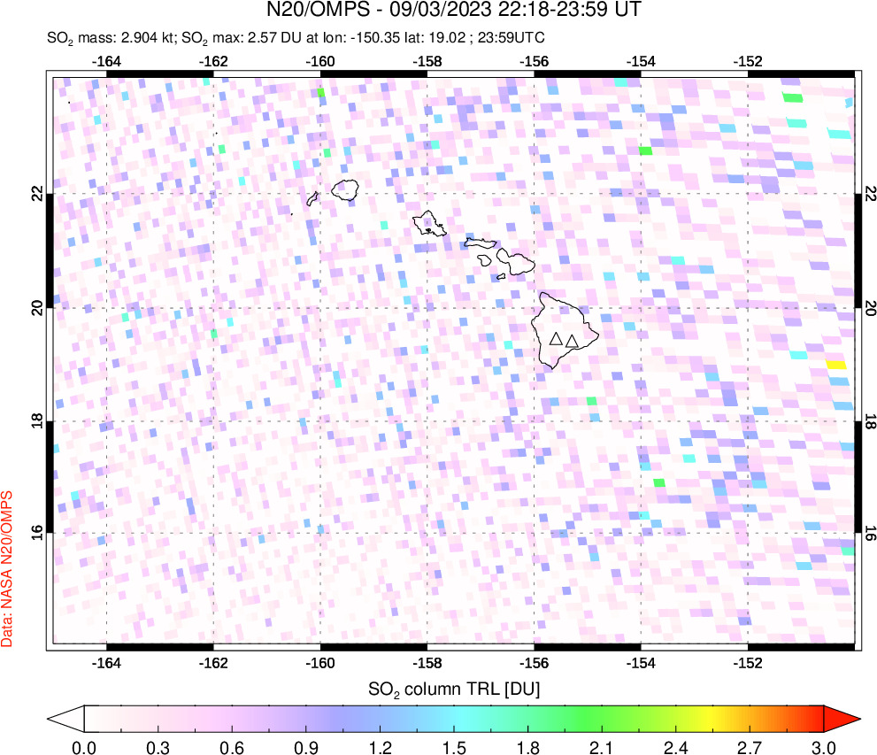 A sulfur dioxide image over Hawaii, USA on Sep 03, 2023.