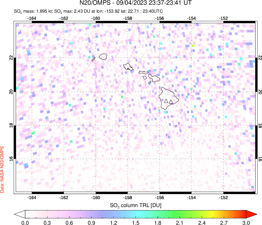 A sulfur dioxide image over Hawaii, USA on Sep 04, 2023.