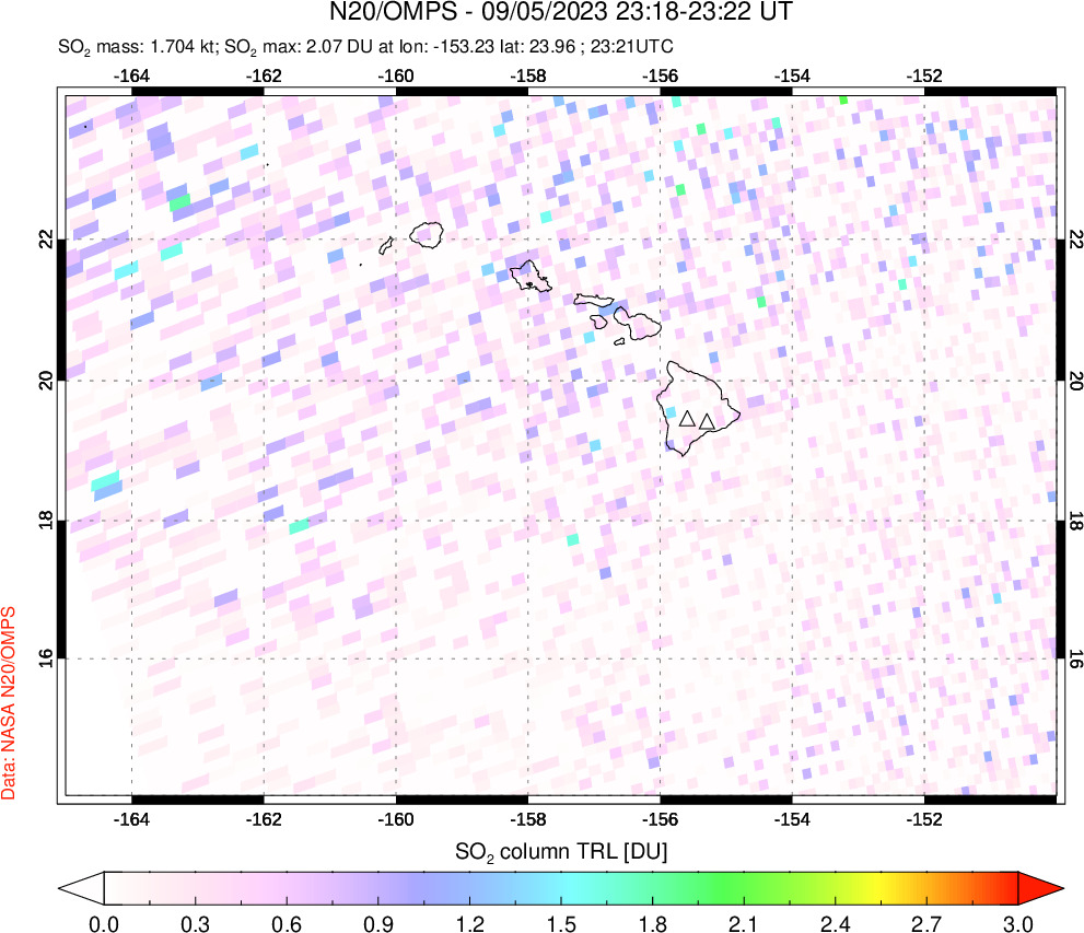 A sulfur dioxide image over Hawaii, USA on Sep 05, 2023.