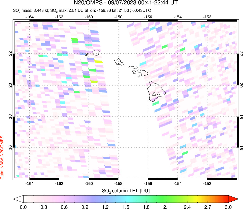 A sulfur dioxide image over Hawaii, USA on Sep 07, 2023.