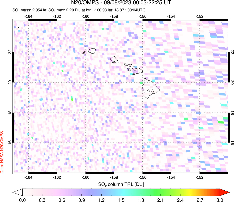 A sulfur dioxide image over Hawaii, USA on Sep 08, 2023.