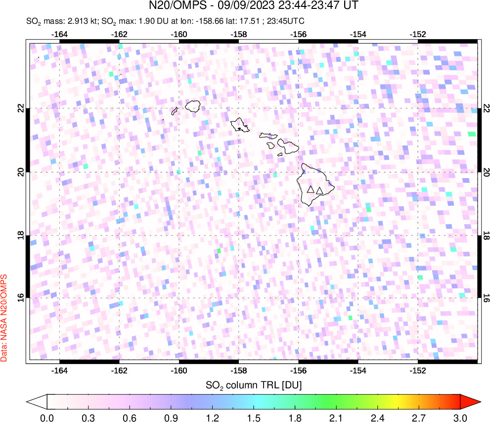 A sulfur dioxide image over Hawaii, USA on Sep 09, 2023.