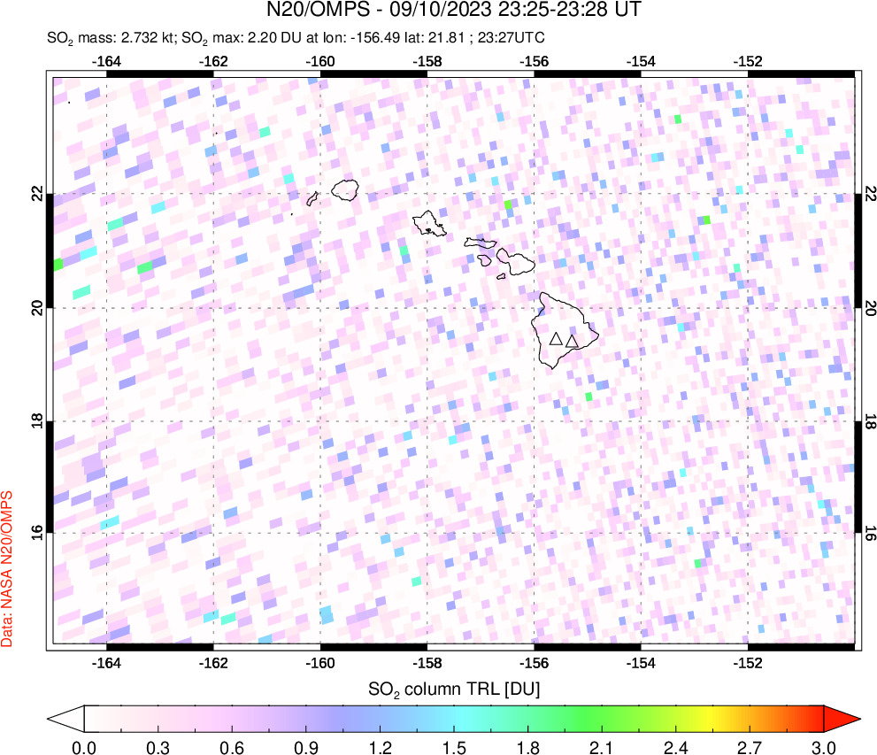 A sulfur dioxide image over Hawaii, USA on Sep 10, 2023.