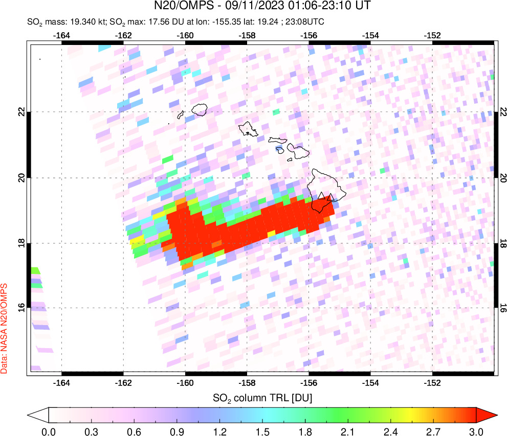 A sulfur dioxide image over Hawaii, USA on Sep 11, 2023.