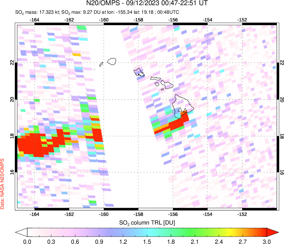 A sulfur dioxide image over Hawaii, USA on Sep 12, 2023.