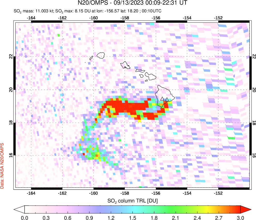 A sulfur dioxide image over Hawaii, USA on Sep 13, 2023.