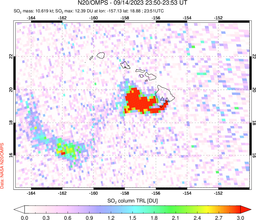 A sulfur dioxide image over Hawaii, USA on Sep 14, 2023.