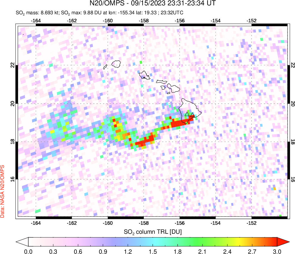 A sulfur dioxide image over Hawaii, USA on Sep 15, 2023.