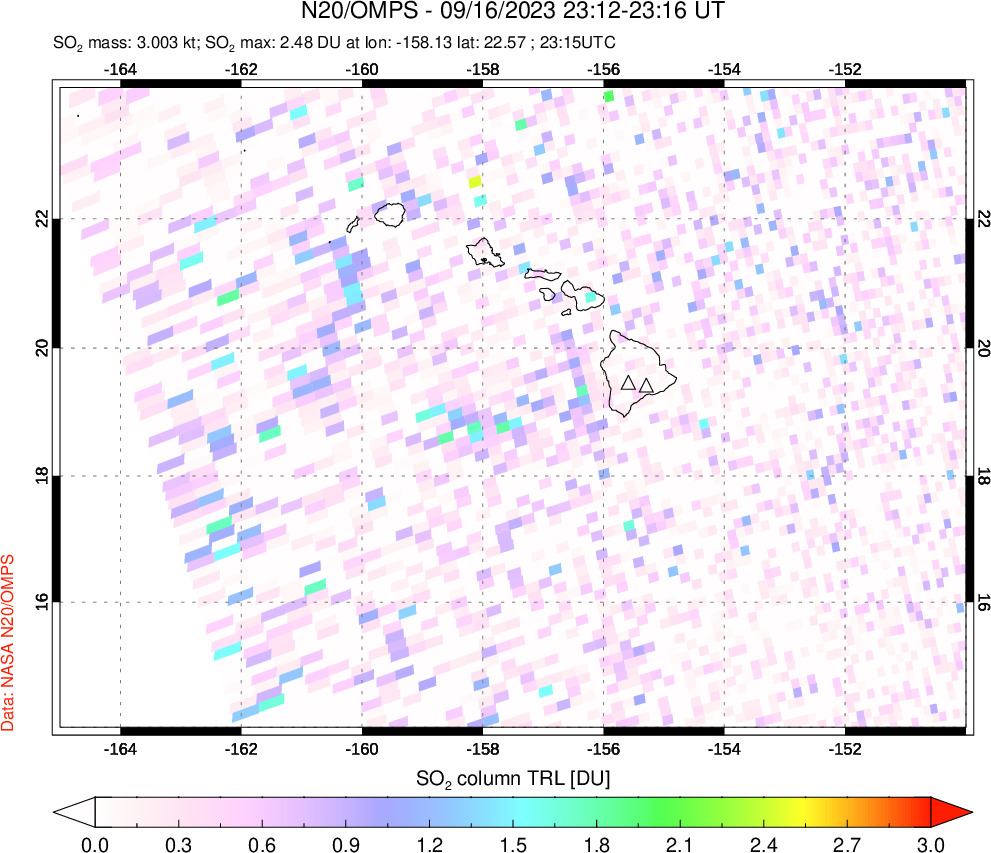 A sulfur dioxide image over Hawaii, USA on Sep 16, 2023.