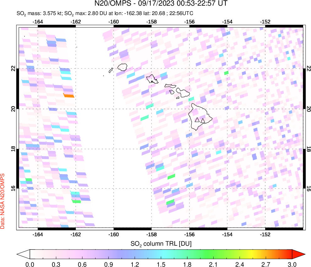 A sulfur dioxide image over Hawaii, USA on Sep 17, 2023.