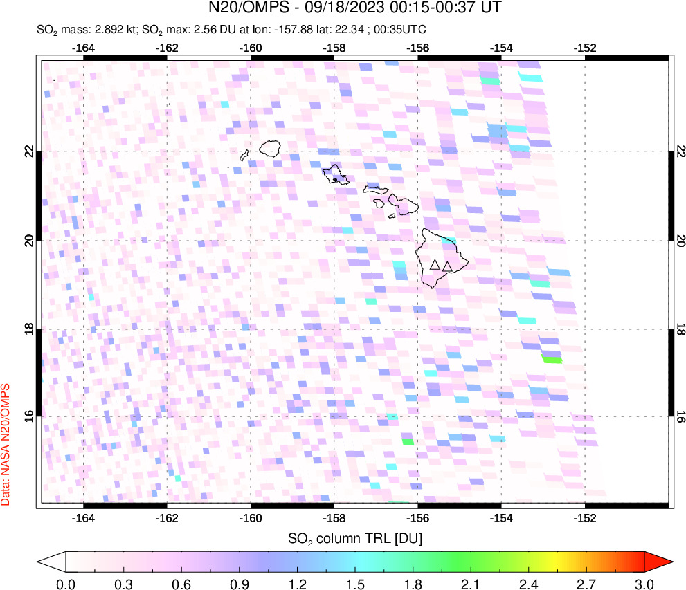 A sulfur dioxide image over Hawaii, USA on Sep 18, 2023.