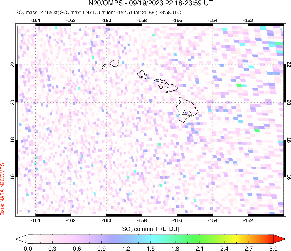 A sulfur dioxide image over Hawaii, USA on Sep 19, 2023.