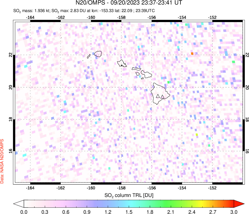 A sulfur dioxide image over Hawaii, USA on Sep 20, 2023.