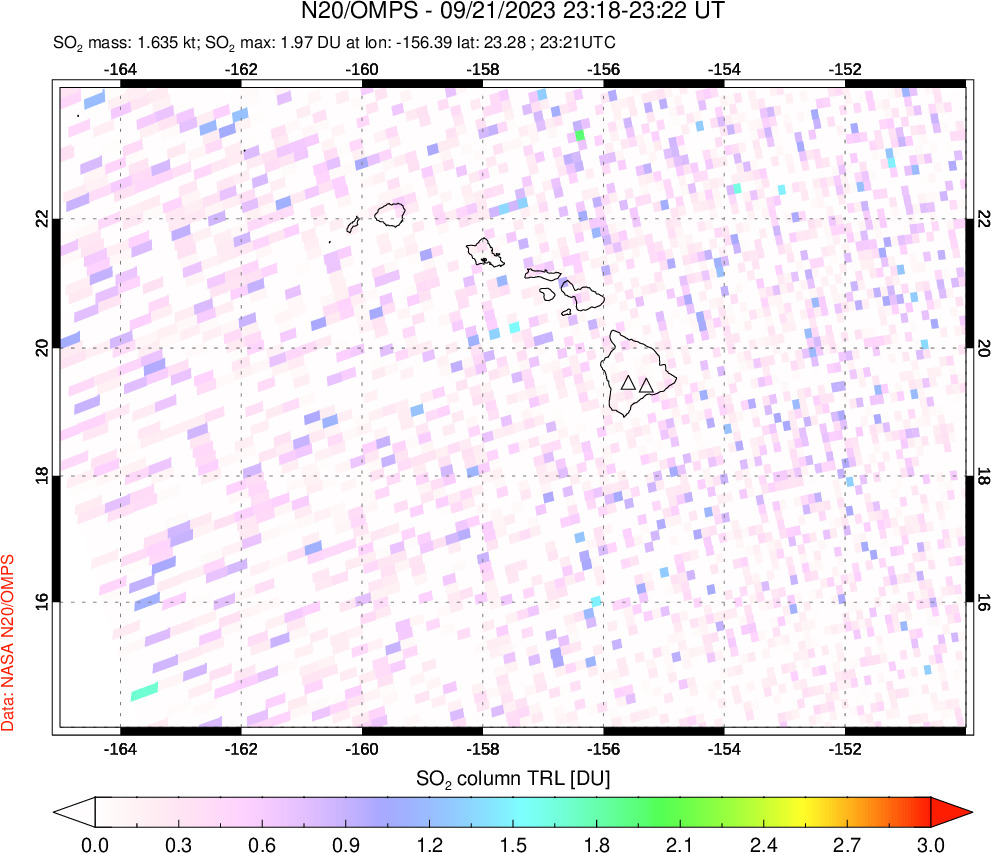 A sulfur dioxide image over Hawaii, USA on Sep 21, 2023.