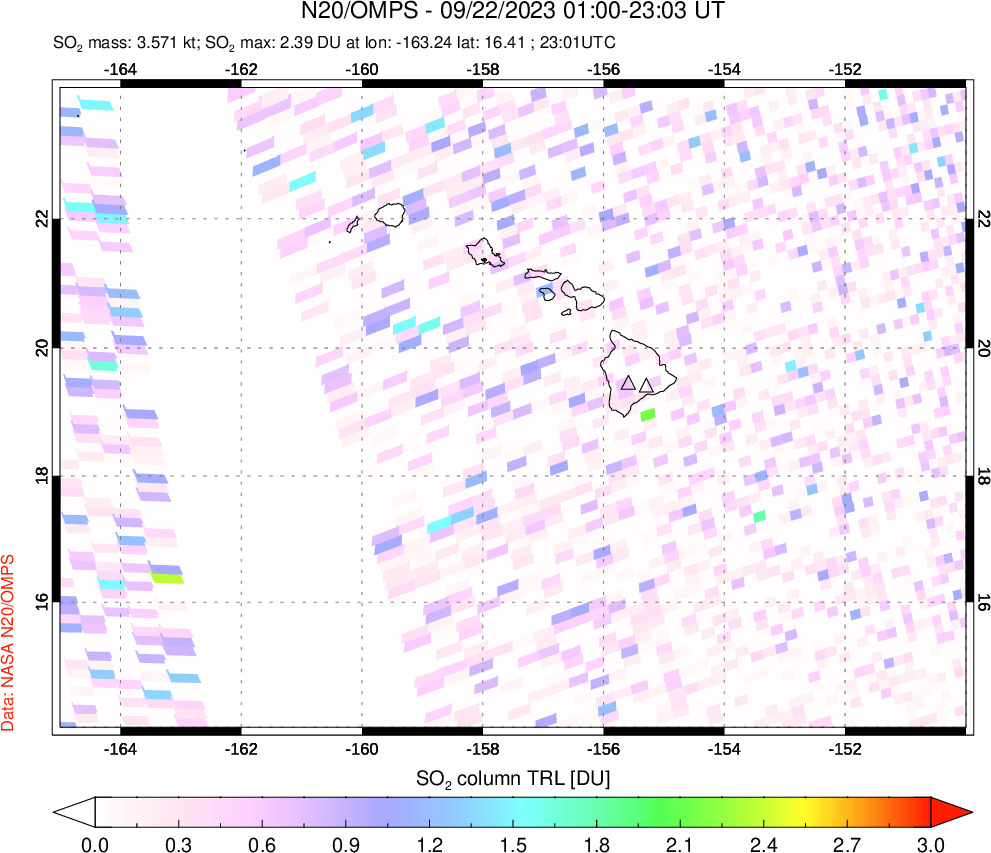 A sulfur dioxide image over Hawaii, USA on Sep 22, 2023.