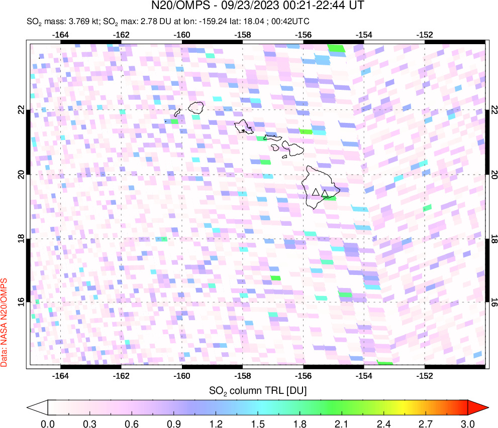 A sulfur dioxide image over Hawaii, USA on Sep 23, 2023.