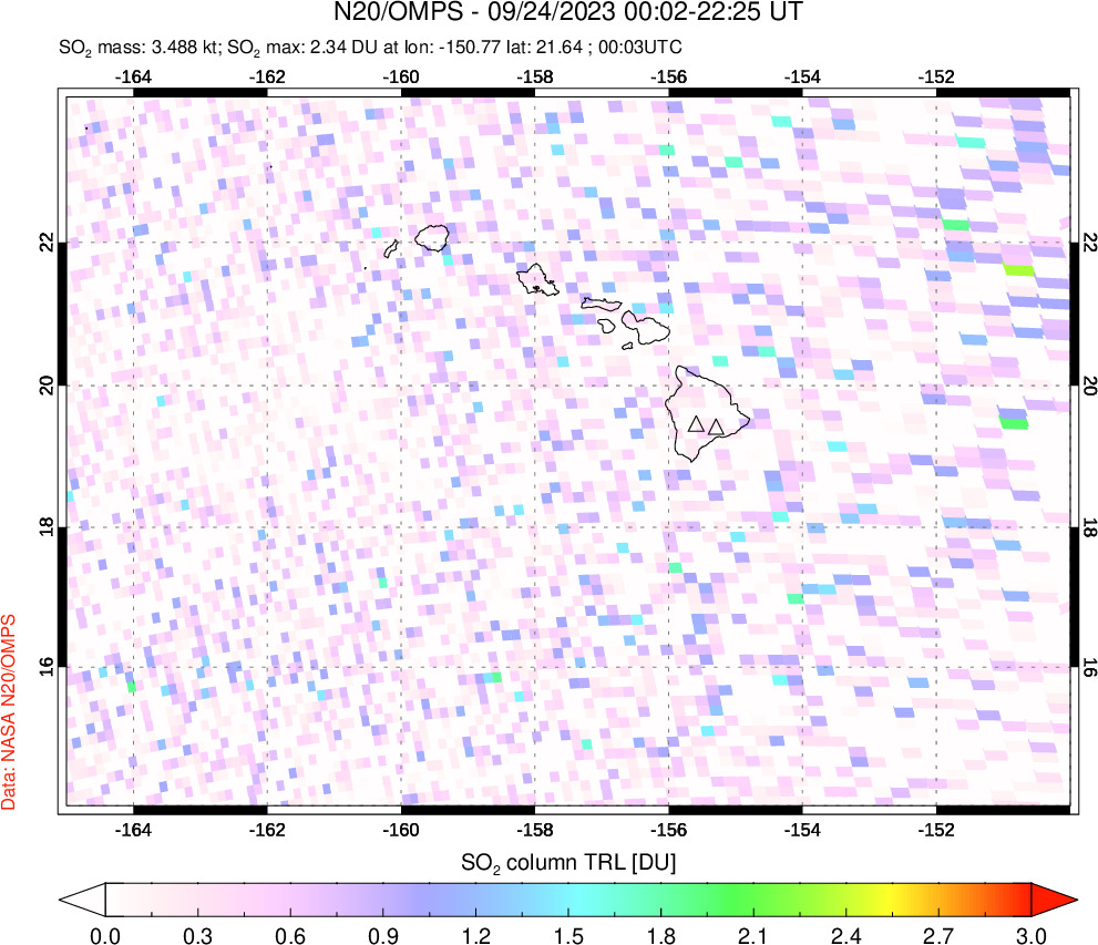 A sulfur dioxide image over Hawaii, USA on Sep 24, 2023.