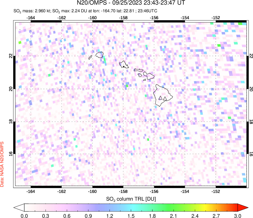 A sulfur dioxide image over Hawaii, USA on Sep 25, 2023.