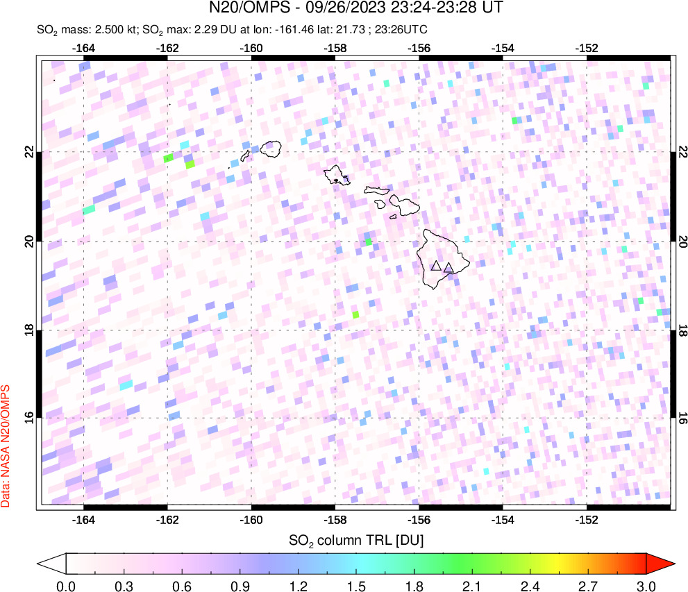 A sulfur dioxide image over Hawaii, USA on Sep 26, 2023.