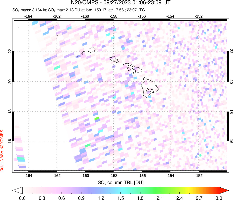 A sulfur dioxide image over Hawaii, USA on Sep 27, 2023.